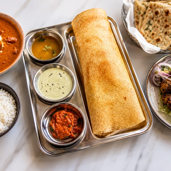 A long, golden dosa on a metal tray with three small bowls of chutneys and sambar.